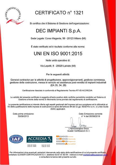 ISO 9001:2015, Quality Management System certificate - DEC IMPIANTI S.p.A. Quality, DQS, DEC Quality System, DEC certified Quality System, DEC sistema di qualita certificato, iso, 9000, 9001